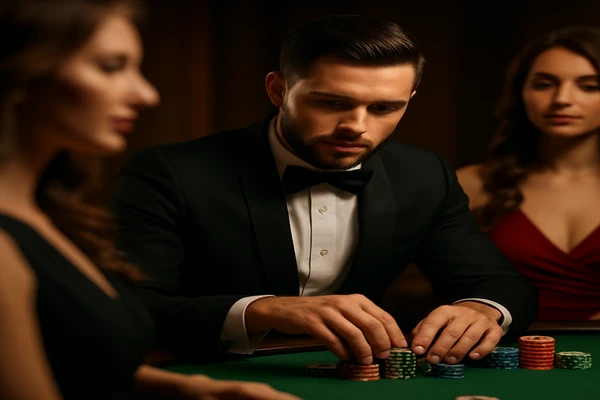 একজন নারী ল্যাপটপে অনলাইন গেম খেলা উপভোগ করছেন, চারপাশে উজ্জ্বল ক্যাসিনোর পরিবেশ ছড়িয়ে পড়েছে