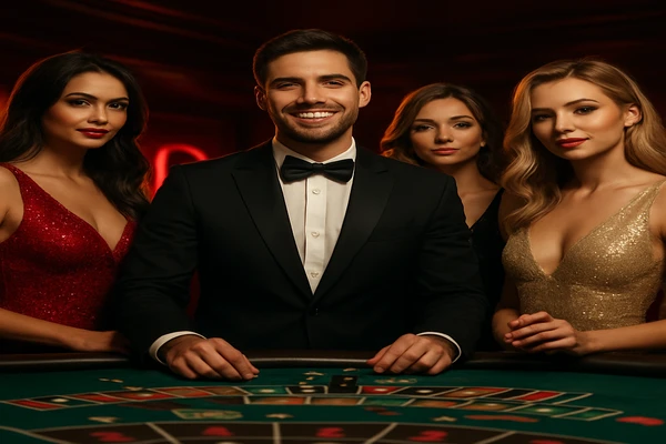 একজন পুরুষ অনলাইন গেমে জয় উদ্যাপন করছেন, চারপাশে খেলার প্রতীকগুলো ভাসছে