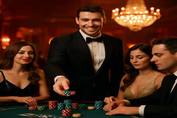 উজ্জ্বল গেমিং পরিবেশে একজন আত্মবিশ্বাসী ডিলার ব্যবহারকারীদের cv6 অ্যাকাউন্টে নিরাপদভাবে প্রবেশ করার জন্য আহবান জানাচ্ছেন।